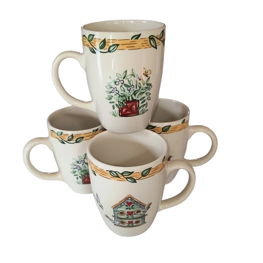 Vintage Lot of 4 Thomson Pottery Birdhouse/Topiary Mugs